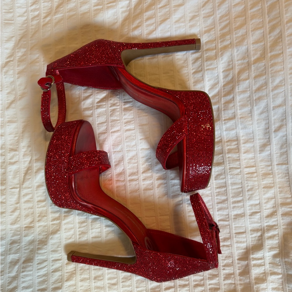 Red Rhinestone Stiletto Wishbone Collection Platform Heels with Ankle Strap 7.5W